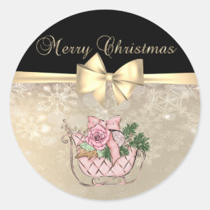 Vrolijk kerstfeest, Roze Sleigh, Snowflakes, Bow Ronde Sticker