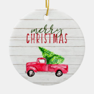 Vrolijk kerstfeest Rustic Red Truck Tree Keramisch Ornament