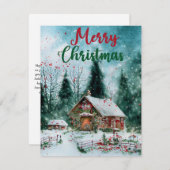 VROLIJK KERSTFEEST RUSTIEK ROOD HUIS FEESTDAGENKAART (Voorkant / Achterkant)