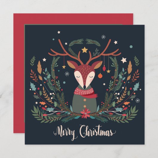 Vrolijk Kerstfeest Rustieke Bloemen Rendieren Pers Feestdagenkaart (Voorkant / Achterkant)