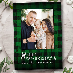 Vrolijk Kerstfeest Rustieke Groene Buffel Plaid Fo Feestdagenkaart