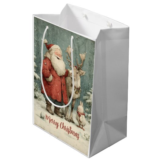 Vrolijk Kerstfeest Santa & Reindeer Medium Cadeauzakje (Achterkant Gekanteld)