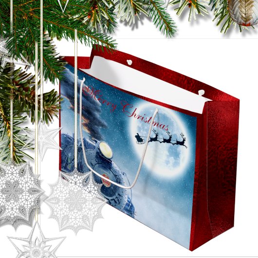 Vrolijk Kerstfeest Santa Train Red Faux Folie Groot Cadeauzakje