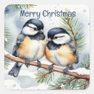Vrolijk kerstfeest Schattigee Chickadee Birds Vierkante Sticker