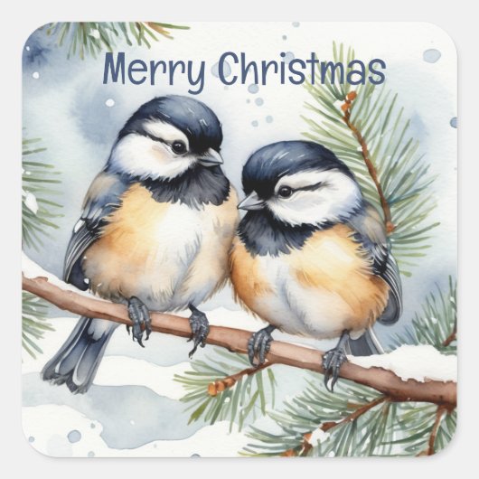 Vrolijk kerstfeest Schattigee Chickadee Birds Vierkante Sticker (Voorkant)