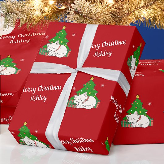 Vrolijk Kerstfeest Schattigee Kattenboom Rode Vint Cadeaupapier