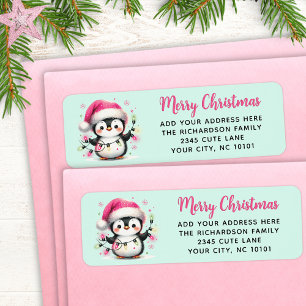 Vrolijk Kerstfeest Schattigee Pinguïn met Lichten Etiket