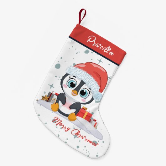 Vrolijk kerstfeest Schattigee vrolijke pinguïn met Kleine Kerstsok (Voorkant (Hangend))