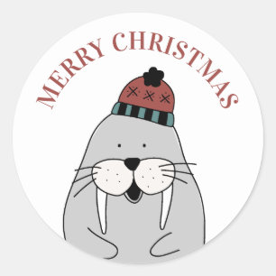 vrolijk kerstfeest. Schattigee winterwalrus. Grapp Ronde Sticker