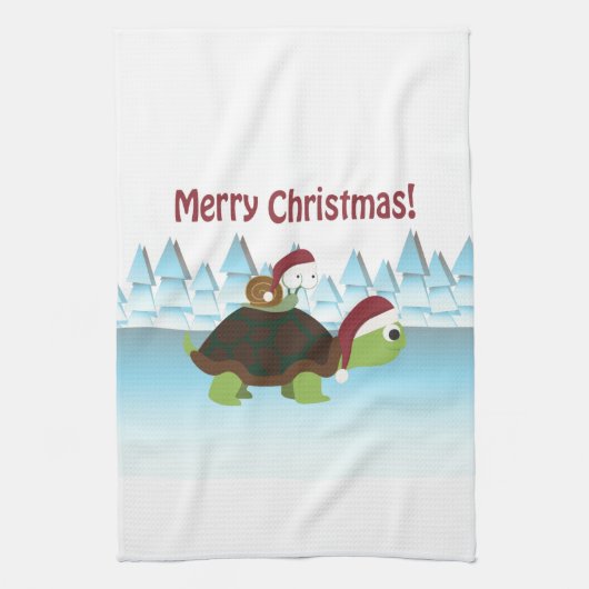 Vrolijk kerstfeest! Schildpad en slak Theedoek (Verticaal)