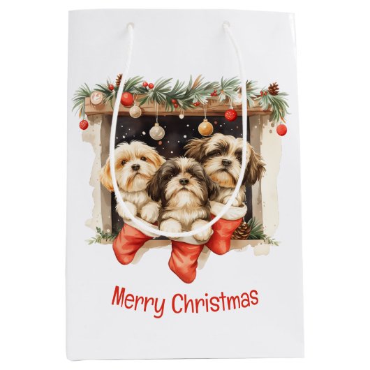 Vrolijk Kerstfeest Shih Tzu Honden Medium Cadeauzakje (Voorkant)