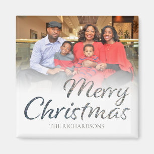 Vrolijk kerstfeest Silver Glitter FULL Foto & Name Magneet