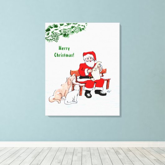 Vrolijk kerstfeest! Sinterklaas met kat en hond Canvas Afdruk (Insitu (Houten vloer))