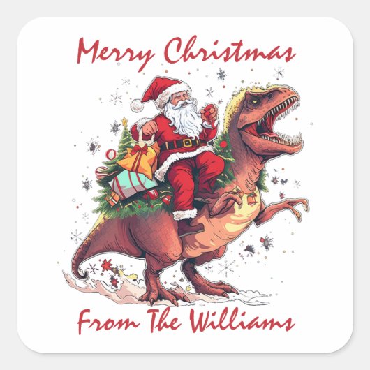 Vrolijk Kerstfeest Sinterklaas Tyrannosaurus T-Rex Vierkante Sticker (Voorkant)