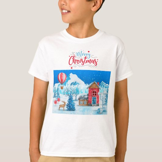 VROLIJK KERSTFEEST SNEEUWDORP ELK PINE TREE T-SHIRT (Voorkant)