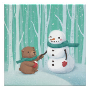 Vrolijk Kerstfeest: Sneeuwman & Beer Illustratie K Perfect Poster