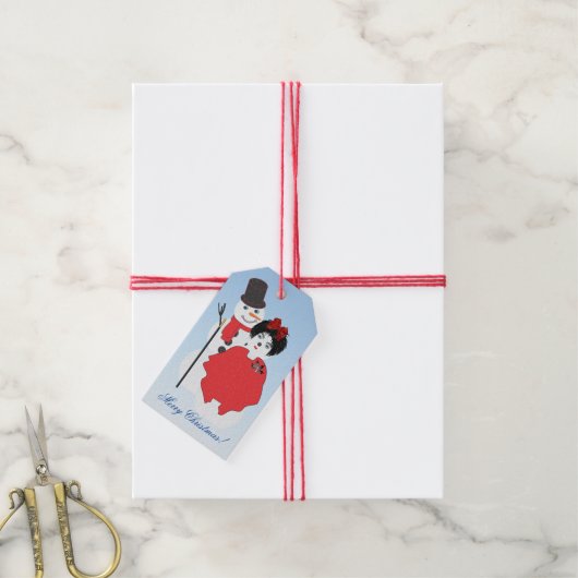 Vrolijk kerstfeest! Sneeuwman- en damescadeauLabel Cadeaulabel (Met Touw)