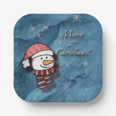Vrolijk kerstfeest, sneeuwman met gebreide kleding papieren bordje (Voorkant)