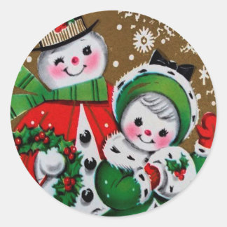 Vrolijk Kerstfeest Sneeuwman & zijn Vriendin Ronde Sticker