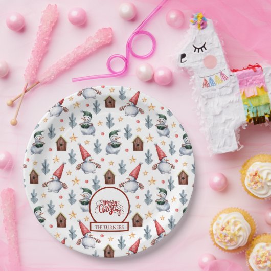 Vrolijk Kerstfeest Sneeuwvlokken Monogram Papieren Bordje (Feest)