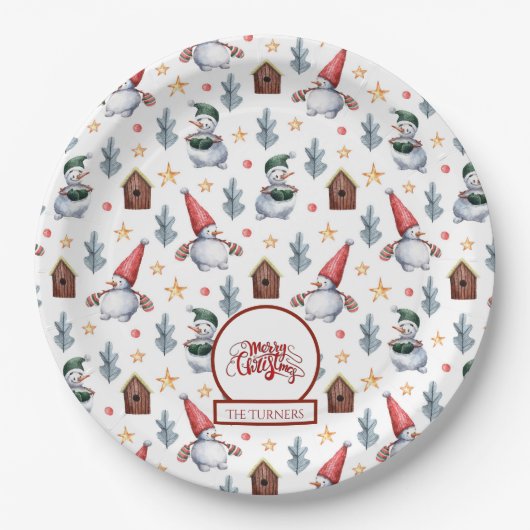 Vrolijk Kerstfeest Sneeuwvlokken Monogram Papieren Bordje (Voorkant)