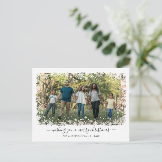 Vrolijk Kerstfeest Snowflake Elegant Script Foto Feestdagenkaart (Staand voorkant)