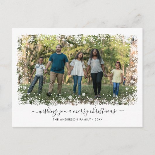 Vrolijk Kerstfeest Snowflake Elegant Script Foto Feestdagenkaart (Voorkant)