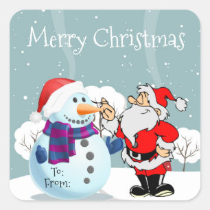 Vrolijk kerstfeest Snowman en Kerstman Vierkante Sticker