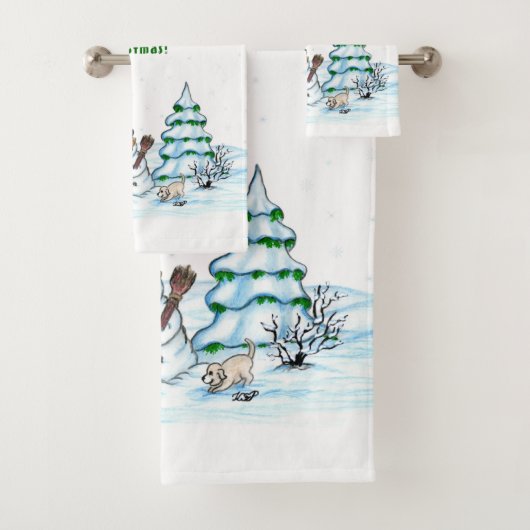 Vrolijk kerstfeest! Snowman met kat en puppy Bad Handdoek (Insitu)
