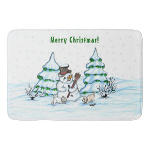 Vrolijk kerstfeest! Snowman met kat en puppy Badmat
