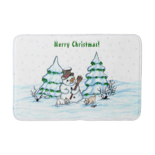 Vrolijk kerstfeest! Snowman met kat en puppy Badmat