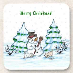 Vrolijk kerstfeest! Snowman met kat en puppy Bier Onderzetter