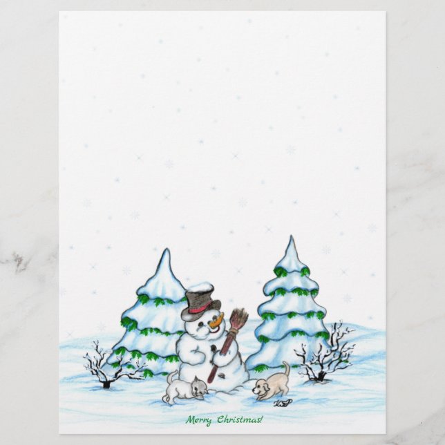 Vrolijk kerstfeest! Snowman met kat en puppy Briefhoofd (Voorkant)