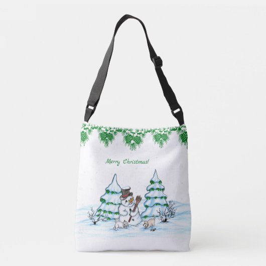 Vrolijk kerstfeest! Snowman met kat en puppy Crossbody Tas (Achterkant)