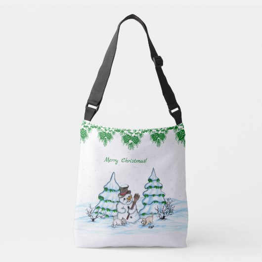 Vrolijk kerstfeest! Snowman met kat en puppy Crossbody Tas (Voorkant)
