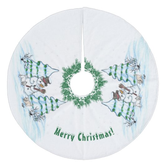 Vrolijk kerstfeest! Snowman met kat en puppy Fleece Kerstboom Rok (Voorkant)