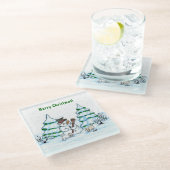 Vrolijk kerstfeest! Snowman met kat en puppy Glazen Onderzetter (Schuin)