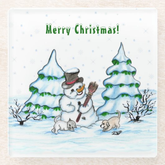 Vrolijk kerstfeest! Snowman met kat en puppy Glazen Onderzetter (Voorkant)