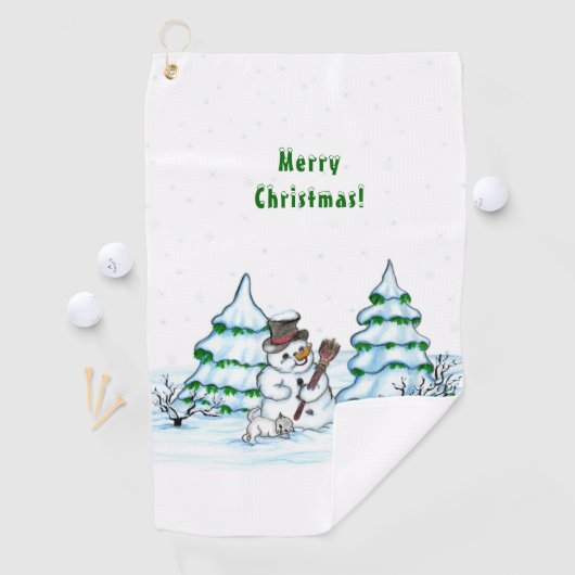 Vrolijk kerstfeest! Snowman met kat en puppy Golfhanddoek (Insitu)