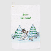Vrolijk kerstfeest! Snowman met kat en puppy Golfhanddoek (Voorkant)