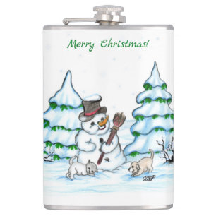 Vrolijk kerstfeest! Snowman met kat en puppy Heupfles