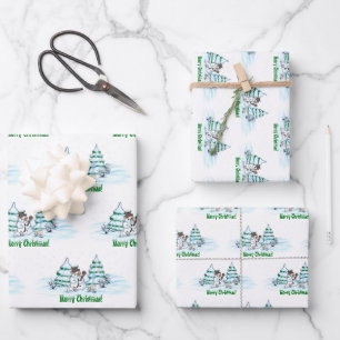 Vrolijk kerstfeest! Snowman met kat en puppy Inpakpapier Vel