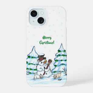 Vrolijk kerstfeest! Snowman met kat en puppy iPhone 15 Hoesje