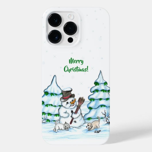 Vrolijk kerstfeest! Snowman met kat en puppy iPhone Hoesje (Achterkant)