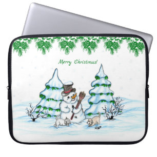 Vrolijk kerstfeest! Snowman met kat en puppy Laptop Sleeve