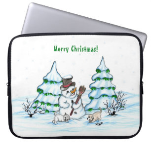 Vrolijk kerstfeest! Snowman met kat en puppy Laptop Sleeve