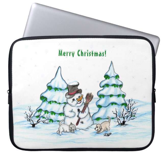Vrolijk kerstfeest! Snowman met kat en puppy Laptop Sleeve (Voorkant)