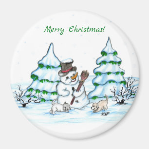 Vrolijk kerstfeest! Snowman met kat en puppy Magneet