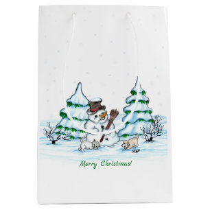 Vrolijk kerstfeest! Snowman met kat en puppy Medium Cadeauzakje