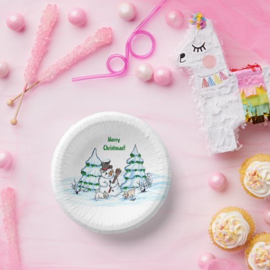 Vrolijk kerstfeest! Snowman met kat en puppy Papieren Kommen (Feest)